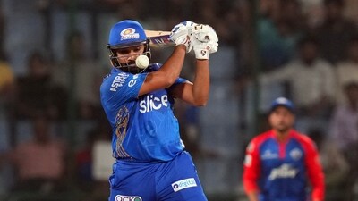 New Delhi: Mumbai Indians batter Rohit Sharma plays a shot during the IPL 2023 cricket match between Delhi Capitals and Mumbai Indians, at the Arun Jaitley Stadium in New Delhi, Tuesday, April 11, 2023. (PTI Photo/Ravi Choudhary)(PTI04_11_2023_000353B) (PTI) New Delhi: Mumbai Indians batter Rohit Sharma plays a shot during the IPL 2023 cricket match between Delhi Capitals and Mumbai Indians, at the Arun Jaitley Stadium in New Delhi, Tuesday, April 11, 2023. (PTI Photo/Ravi Choudhary)(PTI04_11_2023_000353B) (PTI)