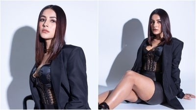 Shehnaaz Gill wears lace corset, blazer and shorts for Kisi Ka Bhai Kisi Ki Jaan event. (Instagram) Shehnaaz Gill wears lace corset, blazer and shorts for Kisi Ka Bhai Kisi Ki Jaan event. (Instagram)