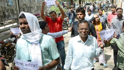 Teachers stage a protest outside of RJD office in Patna on Tuesday. (Santosh Kumar/HT) Teachers stage a protest outside of RJD office in Patna on Tuesday. (Santosh Kumar/HT)