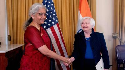 US Treasury Secretary Janet Yellen (right) meets with Indian Finance Minister Nirmala Sitharaman at the US Treasury Department in Washington, DC, on Tuesday. (AFP) US Treasury Secretary Janet Yellen (right) meets with Indian Finance Minister Nirmala Sitharaman at the US Treasury Department in Washington, DC, on Tuesday. (AFP)