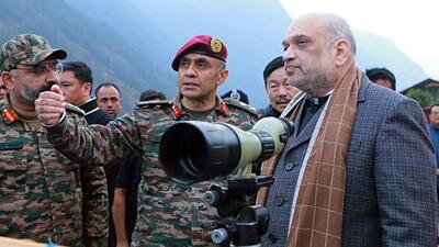 Union home minister Amit Shah inspected a border outpost of the ITBP and took stock of the force’s preparedness in Arunachal Pradesh on Monday. (ANI/PIB)