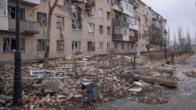 A general view shows a building damaged by a Russian military strike, amid their attack on Ukraine, in the frontline city of Bakhmut, in Donetsk region, Ukraine February 27, 2023 (Reuters)