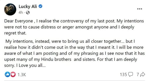 Lucky Ali issued apology on Facebook. Lucky Ali issued apology on Facebook.