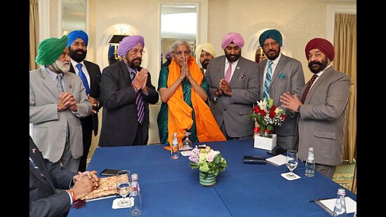 A delegation of Sikhs of American group calls on Union Finance Minister Nirmala Sitharaman in Washington DC on Monday. (ANI)