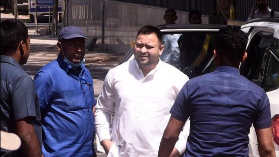 Bihar deputy chief minister Tejashwi Yadav appeared before the Enforcement Directorate for questioning in a money-laundering case on Tuesday. (HT Photo)