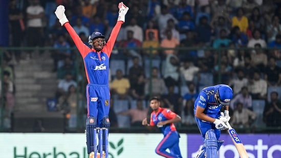 Delhi Capitals' Abishek Poral appeals for LBW against Rohit Sharma during the IPL match between Delhi Capitals and Mumbai Indians at the Arun Jaitley Stadium in New Delhi(AFP)