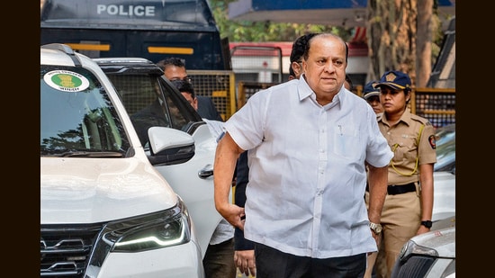 Mumbai, India - March 14, 2023: NCP MLA and former state minister Hasan Mushrif were reached the Enforcement Directorate (ED) office and joined ‘money-laundering’ pro in th case register aginst him by the agency in Mumbai, India, on Tuesday, March 14, 2023. (Photo by Satish Bate/ Hindustan Times) (Hindustan Times)
