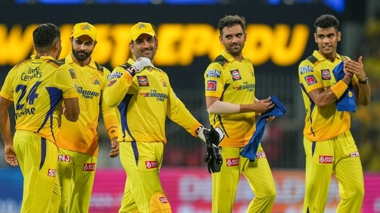 Chennai Super Kings captain MS Dhoni with teammates after winning an IPL 2023 match (PTI)