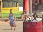 Snapshot of fruit seller throwing trash in the dustbin. Snapshot of fruit seller throwing trash in the dustbin.