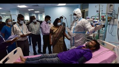 A mock drill tests Covid preparedness of SRN Hospital in Prayagraj on Tuesday. (Sourced) A mock drill tests Covid preparedness of SRN Hospital in Prayagraj on Tuesday. (Sourced)
