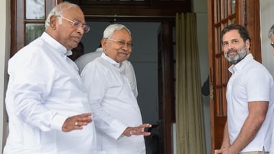 Bihar CM Nitish Kumar and Congress leader Rahul Gandhi meet with Congress president Mallikarjun Kharge at his residence, in New Delhi on Wednesday. (ANI Photo/Ayush Sharma) Bihar CM Nitish Kumar and Congress leader Rahul Gandhi meet with Congress president Mallikarjun Kharge at his residence, in New Delhi on Wednesday. (ANI Photo/Ayush Sharma)