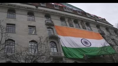 After the National Flag was pulled down by Khalistan supporters on Sunday ina protest against India’s operation on Amritpal Singh, a bigger flag was put up on the high commission building. (AP)