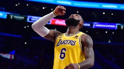 Los Angeles Lakers forward LeBron James (6) celebrates the victory against the Minnesota Timberwolves following overtime at Crypto.com Arena. (USA TODAY Sports via Reuters Con)