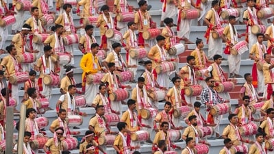 Assamese musicians in traditional attire practice playing Dhols or drums ahead of an event in Guwahati, Assam. (AP) Assamese musicians in traditional attire practice playing Dhols or drums ahead of an event in Guwahati, Assam. (AP)