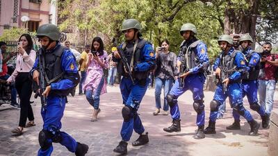 Multiple units of the Delhi Police, including SWAT commandos, carried out prolonged searches of the Indian School premises. (Raj K Raj/HT Photo) Multiple units of the Delhi Police, including SWAT commandos, carried out prolonged searches of the Indian School premises. (Raj K Raj/HT Photo)