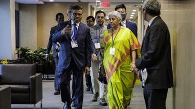 Nirmala Sitharaman, India's finance minister, arrives at a Multilateral Development Bank roundtable during the spring meetings of the International Monetary Fund (IMF) and World Bank Group in Washington, DC, US.