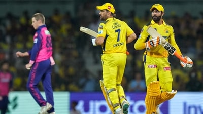 MS Dhoni and Ravindra Jadeja run between the wickets during IPL 2023 match between Chennai Super Kings and Rajasthan Royals (PTI) MS Dhoni and Ravindra Jadeja run between the wickets during IPL 2023 match between Chennai Super Kings and Rajasthan Royals (PTI)