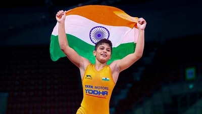 Wrestler Antim Panghal after creating history and becoming the first Indian girl to win a gold medal at the U-20 World Championships in Sofia, Bulgaria. (PTI)