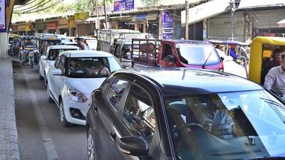 Traffic jam at Mata Rani Chowk road in Ludhiana. (HT Photo) Traffic jam at Mata Rani Chowk road in Ludhiana. (HT Photo)