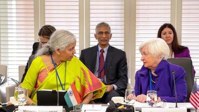 Union finance minister Nirmala Sitharaman with US Department of Treasury secretary Janet Yellen during a roundtable on 'Multilateral Development Bank Evolution: Building Shareholder Consensus', at World Bank headquarters, in Washington DC. (PTI) Union finance minister Nirmala Sitharaman with US Department of Treasury secretary Janet Yellen during a roundtable on 'Multilateral Development Bank Evolution: Building Shareholder Consensus', at World Bank headquarters, in Washington DC. (PTI)