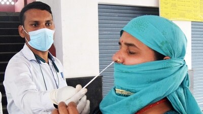A healthcare worker collects a nasal swab sample of a passenger for the COVID-19 testing. (ANI file) A healthcare worker collects a nasal swab sample of a passenger for the COVID-19 testing. (ANI file)