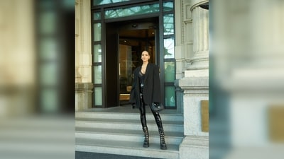Esha Gupta's blazer is from Balmain, her top from Alberta Ferretti, her shoes from Versace and her pants from Commando.&nbsp; (Instagram/@egupta)