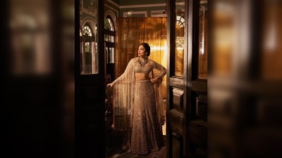 Sobhita Dhulipala wore a champagne gold sequin spray lehenga from the designer's Summer Wedding Edit.&nbsp; (Instagram/@sobhitad)