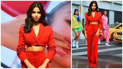 Suhana Khan looked stunning in a red co-ord set as took to the stage at the event. She will make her film debut with The Archies this year. (Varinder Chawla) Suhana Khan looked stunning in a red co-ord set as took to the stage at the event. She will make her film debut with The Archies this year. (Varinder Chawla) 