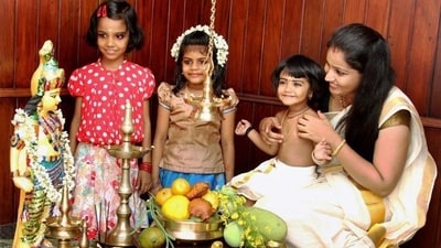 Rituals: In addition to the Vishukkani, people also light lamps, burst firecrackers, and perform other rituals to welcome the new year. There is also a custom of giving "Vishukkaineetam" (money gifts) to children and the elderly. (PTI) Rituals: In addition to the Vishukkani, people also light lamps, burst firecrackers, and perform other rituals to welcome the new year. There is also a custom of giving "Vishukkaineetam" (money gifts) to children and the elderly. (PTI)