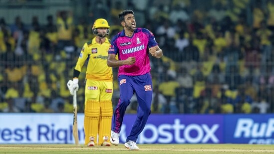 R. Ashwin of Rajasthan Royals celebrates the dismissal of Shivam Dube of Chennai Super Kings(AP)