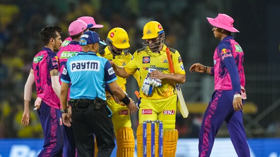 Rajasthan Royals players greet Chennai Super Kings players after winning the IPL match at M. A. Chidambaram Stadium in Chennai(PTI)