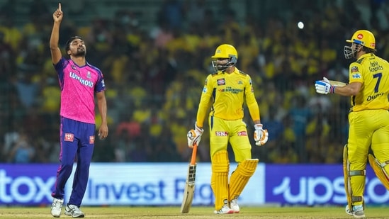 Rajasthan Royals bowler Sandeep Sharma celebrates after winning the IPL 2023 match against Chennai Super Kings(PTI)