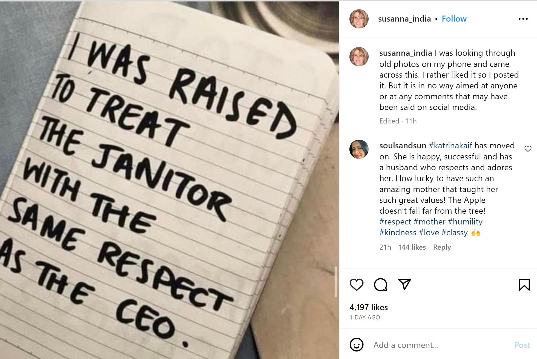 Katrina Kaif’s mom Suzanne Turquotte on her latest post about 'respect.' Katrina Kaif’s mom Suzanne Turquotte on her latest post about 'respect.'