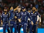 Gujarat Titans Joshua Little celebrates the dismissal of Punjab Kings skipper Shikhar Dhawan 