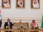 Saudi Foreign Minister Prince Faisal bin Farhan bin Abdullah meets with Syrian Minister of Foreign Affairs and Expatriates Faisal Mekdad in Jeddah, Saudi Arabia, April 12, 2023. (Reuters)