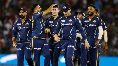 Gujarat Titans Joshua Little celebrates the dismissal of Punjab Kings skipper Shikhar Dhawan (Indian Premier League Twitter) Gujarat Titans Joshua Little celebrates the dismissal of Punjab Kings skipper Shikhar Dhawan (Indian Premier League Twitter)