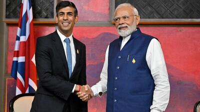 British Prime Minister Rishi Sunak and India's Prime Minister Narendra Modi held a bilateral meeting on November 16, 2022 in Nusa Dua, Indonesia (REUTERS FILE PHOTO) British Prime Minister Rishi Sunak and India's Prime Minister Narendra Modi held a bilateral meeting on November 16, 2022 in Nusa Dua, Indonesia (REUTERS FILE PHOTO)