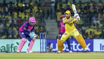 MS Dhoni of Chennai Super Kings plays a shot during the Indian Premier League (IPL) cricket match between Chennai Super Kings and Rajasthan Royals in Chennai, India, Wednesday, April 12, 2023. (AP Photo/ R. Parthibhan) (AP) MS Dhoni of Chennai Super Kings plays a shot during the Indian Premier League (IPL) cricket match between Chennai Super Kings and Rajasthan Royals in Chennai, India, Wednesday, April 12, 2023. (AP Photo/ R. Parthibhan) (AP)