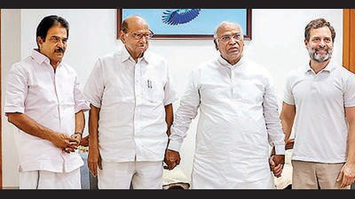 KC Venugopal, Sharad Pawar, Mallikarjun Kharge and Rahul Gandhi in New Delhi on Thursday. (PTI) KC Venugopal, Sharad Pawar, Mallikarjun Kharge and Rahul Gandhi in New Delhi on Thursday. (PTI)