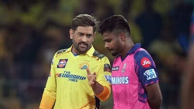 Chennai: Chennai Super Kings captain MS Dhoni with Rajasthan Royals captain Sanju Samson at the toss before the IPL 2023 cricket match between Chennai Super Kings and Rajasthan Royals at M. A. Chidambaram Stadium, in Chennai, Wednesday, April 12, 2023. (PTI Photo/R Senthil Kumar)(PTI04_12_2023_000216B) (PTI) Chennai: Chennai Super Kings captain MS Dhoni with Rajasthan Royals captain Sanju Samson at the toss before the IPL 2023 cricket match between Chennai Super Kings and Rajasthan Royals at M. A. Chidambaram Stadium, in Chennai, Wednesday, April 12, 2023. (PTI Photo/R Senthil Kumar)(PTI04_12_2023_000216B) (PTI)
