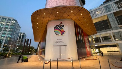 India's first Apple retail store ahead of it launch at Jio World Drive Mall, in Mumbai, Wednesday, April 12, 2023. (PTI) India's first Apple retail store ahead of it launch at Jio World Drive Mall, in Mumbai, Wednesday, April 12, 2023. (PTI)