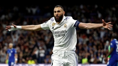 Soccer Football - Champions League - Quarter Finals - First Leg - Real Madrid v Chelsea - Santiago Bernabeu, Madrid, Spain - April 12, 2023 Real Madrid's Karim Benzema celebrates scoring their first goal REUTERS/Juan Medina     TPX IMAGES OF THE DAY (REUTERS)