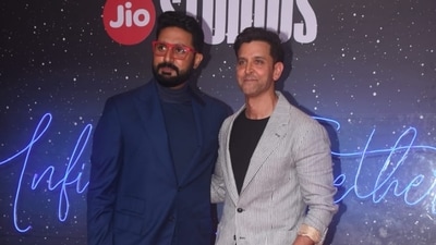 Abhishek Bachchan and Hrithik Roshan posed together at the Jio Studios event in Mumbai on Wednesday. Hrithik will next be seen in Fighter and War 2 and Abhishek has Ghumar in pipeline. (Varinder Chawla) Abhishek Bachchan and Hrithik Roshan posed together at the Jio Studios event in Mumbai on Wednesday. Hrithik will next be seen in Fighter and War 2 and Abhishek has Ghumar in pipeline. (Varinder Chawla)