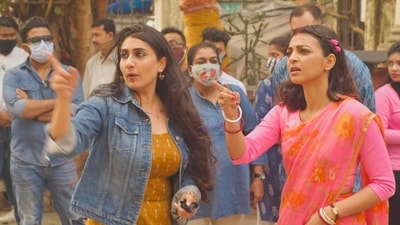 Anushree Mehta with Radhika Apte on sets of Mrs Undercover. Anushree Mehta with Radhika Apte on sets of Mrs Undercover.