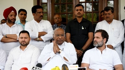 Congress President Mallikarjun Kharge addresses a joint press conference with Bihar Deputy Chief Minister Tejashwi Yadav, party leader Rahul Gandhi and others, at his residence, in New Delhi on Wednesday. (ANI) Congress President Mallikarjun Kharge addresses a joint press conference with Bihar Deputy Chief Minister Tejashwi Yadav, party leader Rahul Gandhi and others, at his residence, in New Delhi on Wednesday. (ANI)