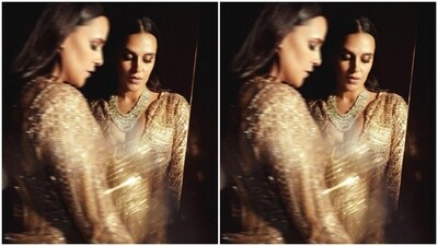 In a statement diamond necklace from the shelves of Shiv Narayan Jewellers Pvt Ltd, Neha further accessorised her look for the day. (Instagram/@nehadhupia) In a statement diamond necklace from the shelves of Shiv Narayan Jewellers Pvt Ltd, Neha further accessorised her look for the day. (Instagram/@nehadhupia)