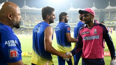 RR captain Sanju Samson shaking hands with CSK players (IPL)