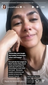 Mrunal Thakur had posted a photo of her crying on Instagram Stories in March 2023. Mrunal Thakur had posted a photo of her crying on Instagram Stories in March 2023.