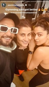 Ranveer Singh and Deepika Padukone pose with celebrity fitness trainer Yasmin Karachiwala. Ranveer Singh and Deepika Padukone pose with celebrity fitness trainer Yasmin Karachiwala.