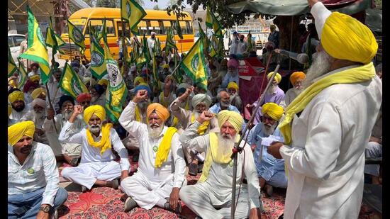 Bhartiya Kisan Union (BKU) Ekta (Ugrahan) holding a protest outside the DC in Ludhiana on Thursday.